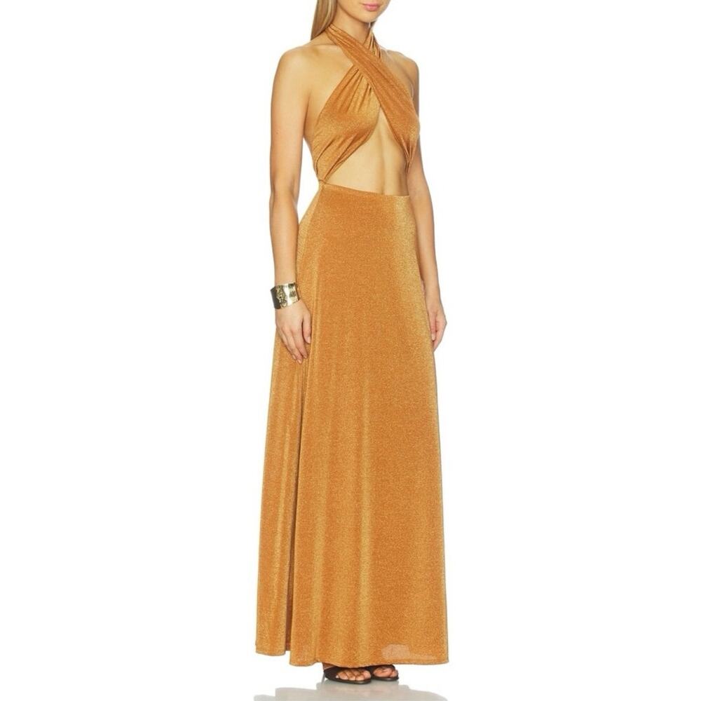 AFRM Kendrick Bronze Sparkle Maxi Dress Cross-Front Halter Maxi XL NWT Party